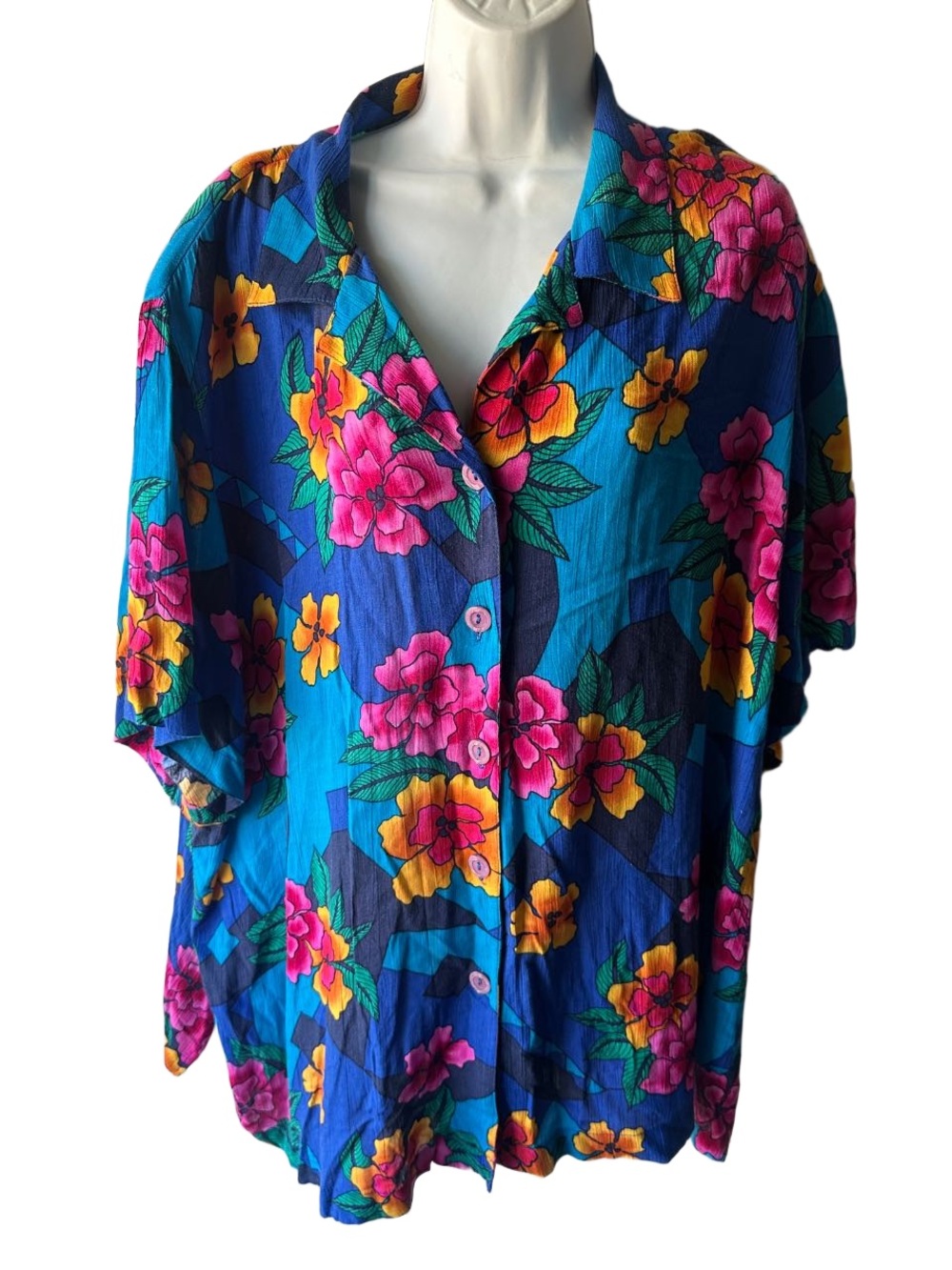 C.M Shapes Blue Tropical Hibiscus Floral Button Up Shirt 3X Short Sleeve